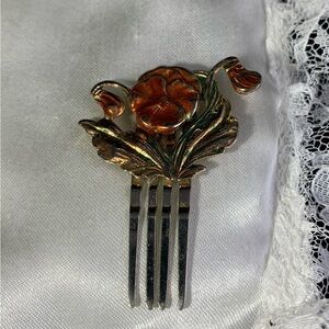 Vintage Art Nouveau Style Hair Comb with Enamel Floral Design 2"